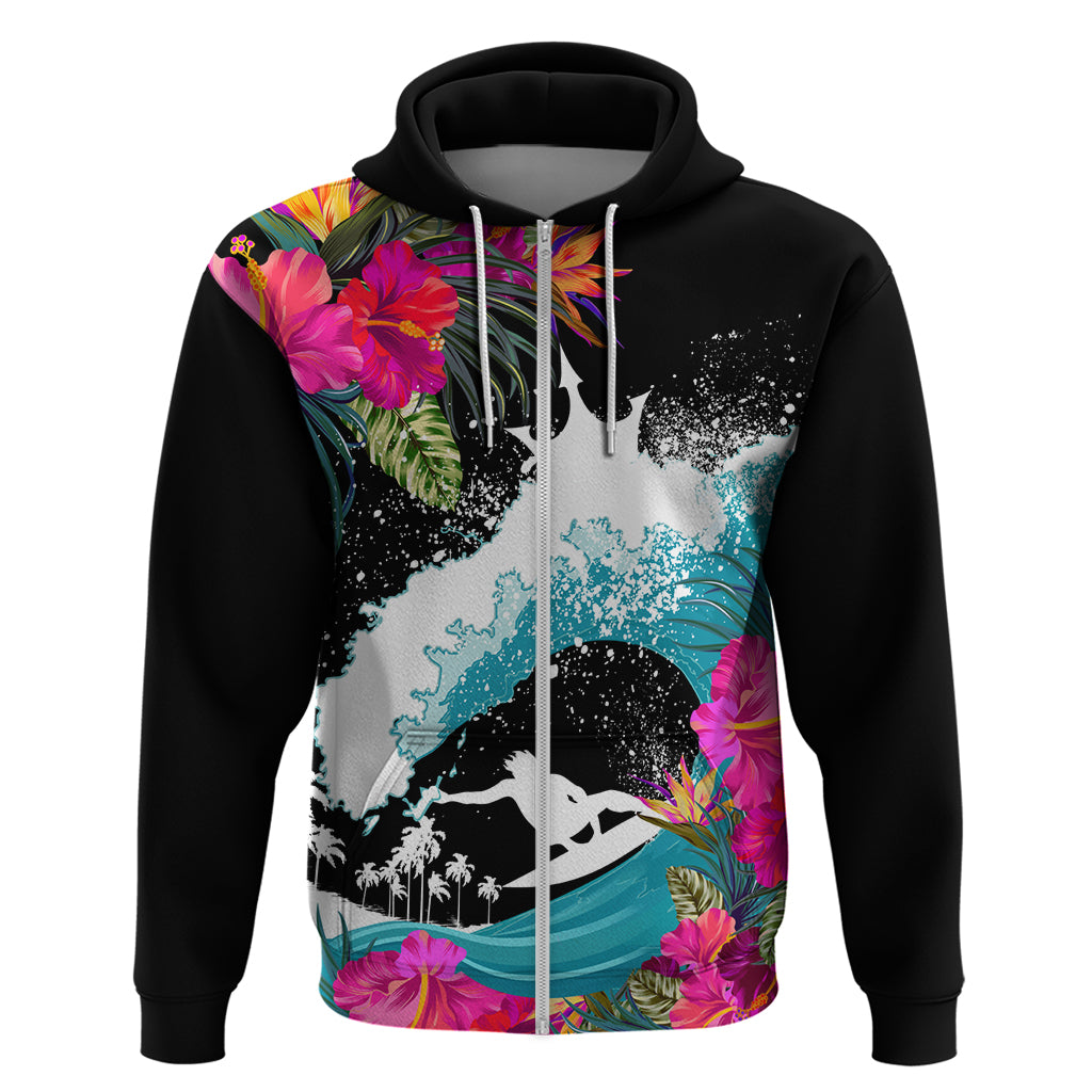 Hawaii Surfing Hoodie Triple Crown Rides The Waves LT7 Zip Hoodie Black - Polynesian Pride