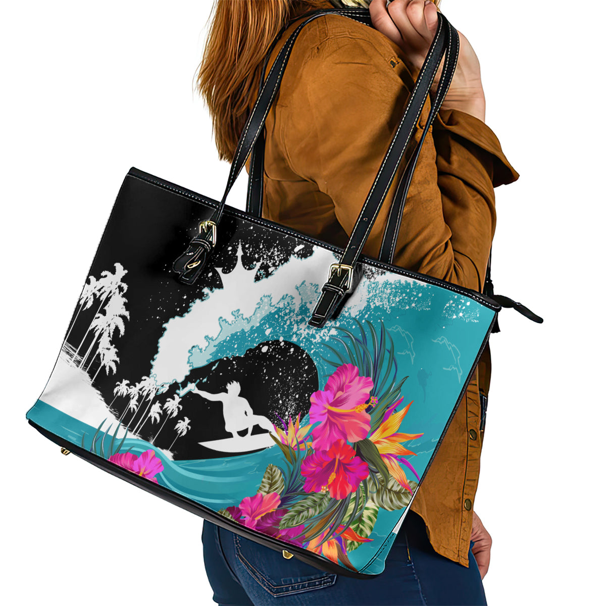 Hawaii Surfing Leather Tote Bag Triple Crown Rides The Waves LT7 - Polynesian Pride
