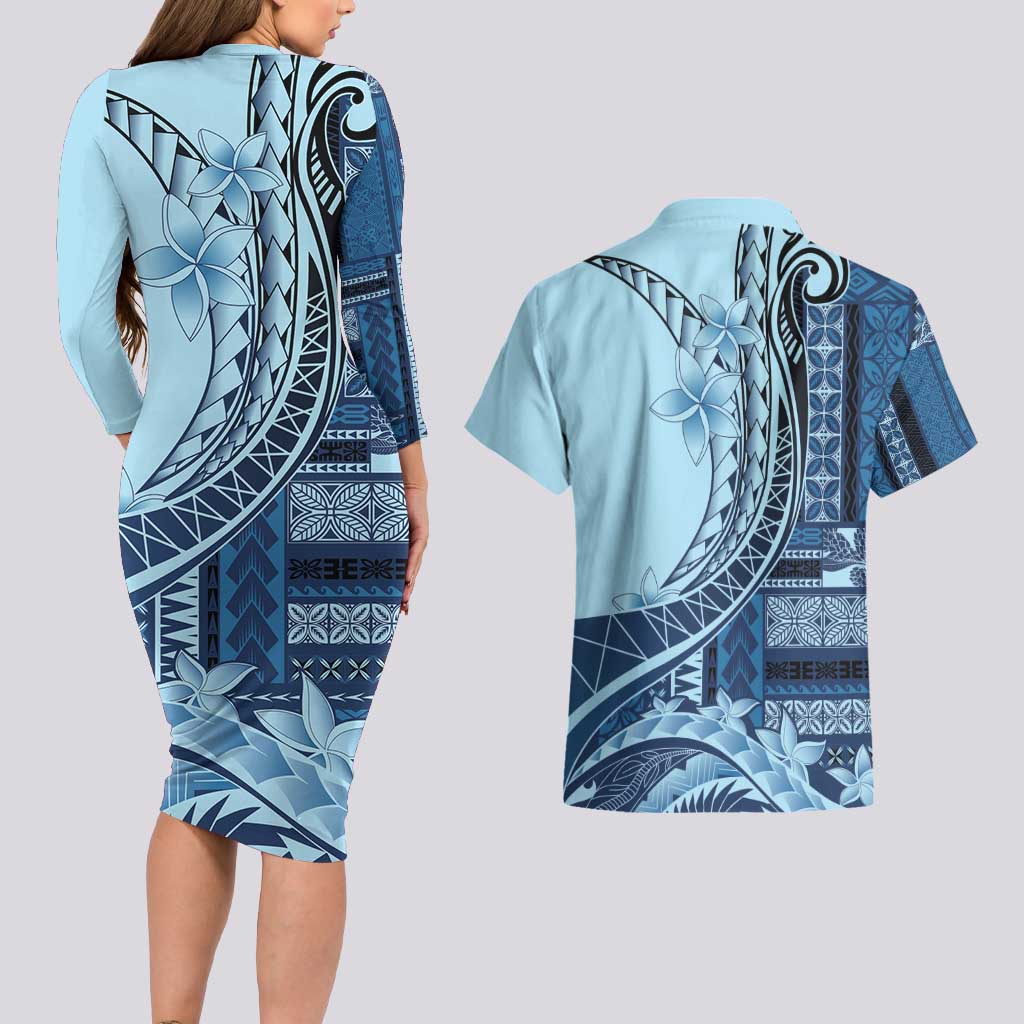 Samoa Siapo Mamanu Couples Matching Long Sleeve Bodycon Dress and Hawaiian Shirt Plumeria Navy Blue Motifs
