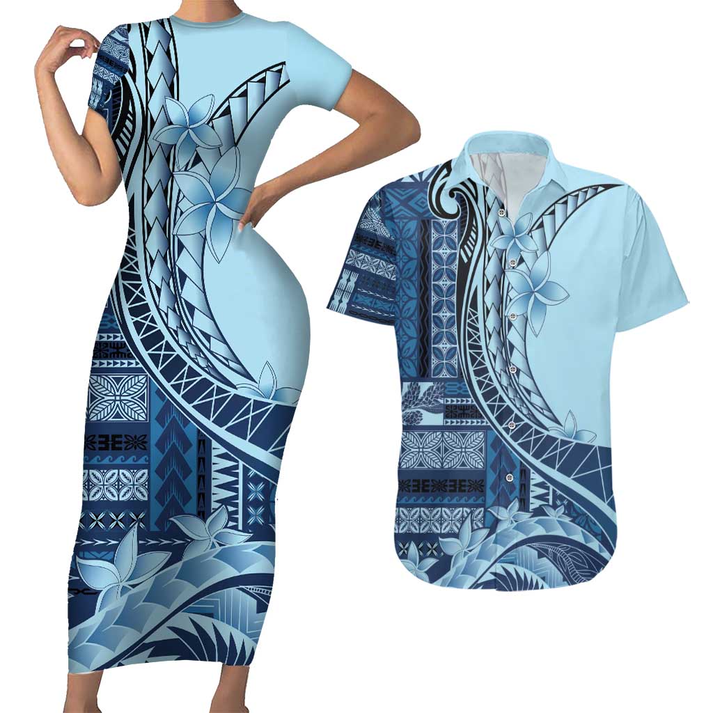 Samoa Siapo Mamanu Couples Matching Short Sleeve Bodycon Dress and Hawaiian Shirt Plumeria Navy Blue Motifs