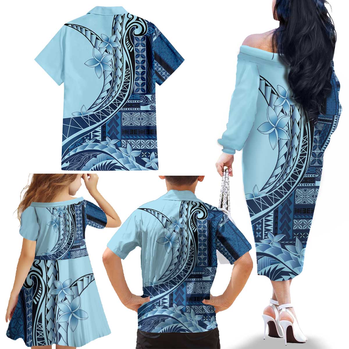 Samoa Siapo Mamanu Family Matching Off The Shoulder Long Sleeve Dress and Hawaiian Shirt Plumeria Navy Blue Motifs