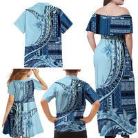 Samoa Siapo Mamanu Family Matching Off Shoulder Maxi Dress and Hawaiian Shirt Plumeria Navy Blue Motifs
