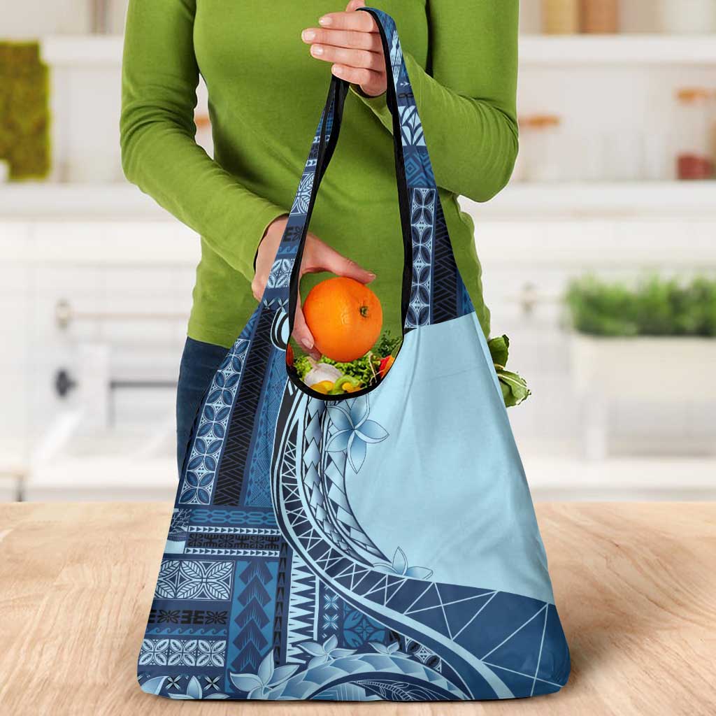 Samoa Siapo Mamanu Grocery Bag Plumeria Navy Blue Motifs