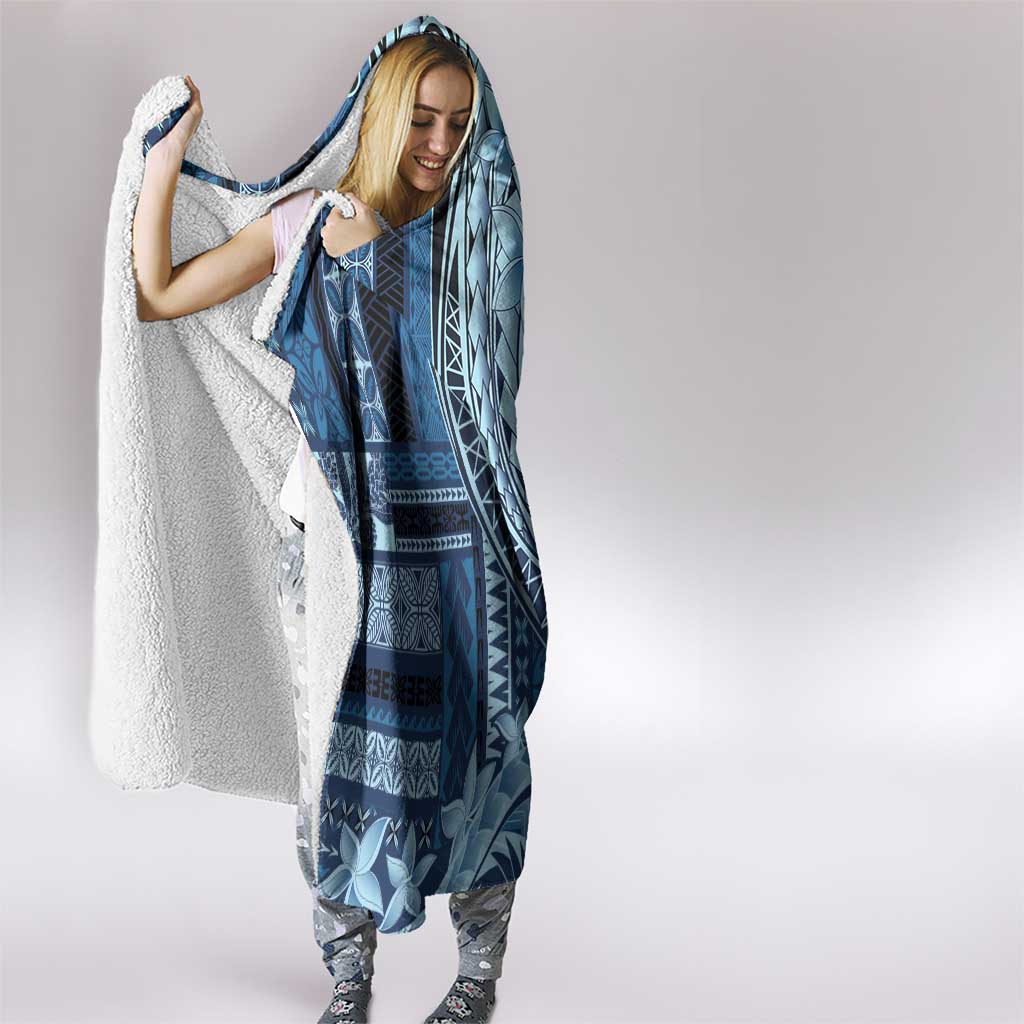 Samoa Siapo Mamanu Hooded Blanket Plumeria Navy Blue Motifs
