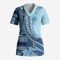 Samoa Siapo Mamanu Scrub Top Plumeria Navy Blue Motifs LT7 Adult Blue - Polynesian Pride