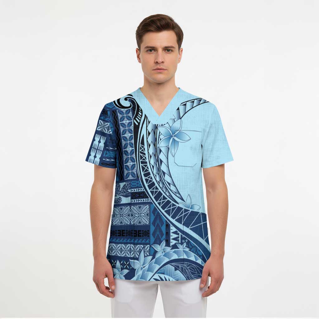 Samoa Siapo Mamanu Scrub Top Plumeria Navy Blue Motifs LT7 - Polynesian Pride