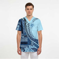 Samoa Siapo Mamanu Scrub Top Plumeria Navy Blue Motifs LT7 - Polynesian Pride
