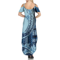 Samoa Siapo Mamanu Summer Maxi Dress Plumeria Navy Blue Motifs