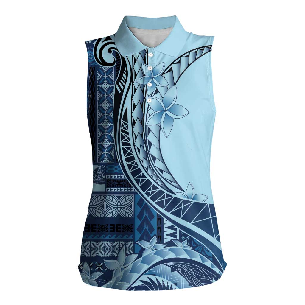 Samoa Siapo Mamanu Women Sleeveless Polo Shirt Plumeria Navy Blue Motifs LT7 Female Blue - Polynesian Pride