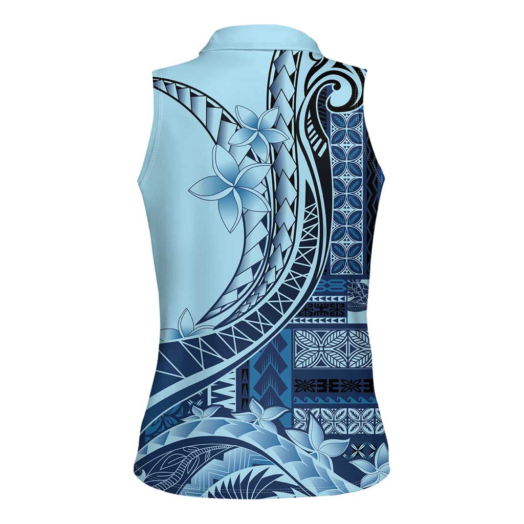 Samoa Siapo Mamanu Women Sleeveless Polo Shirt Plumeria Navy Blue Motifs LT7 - Polynesian Pride