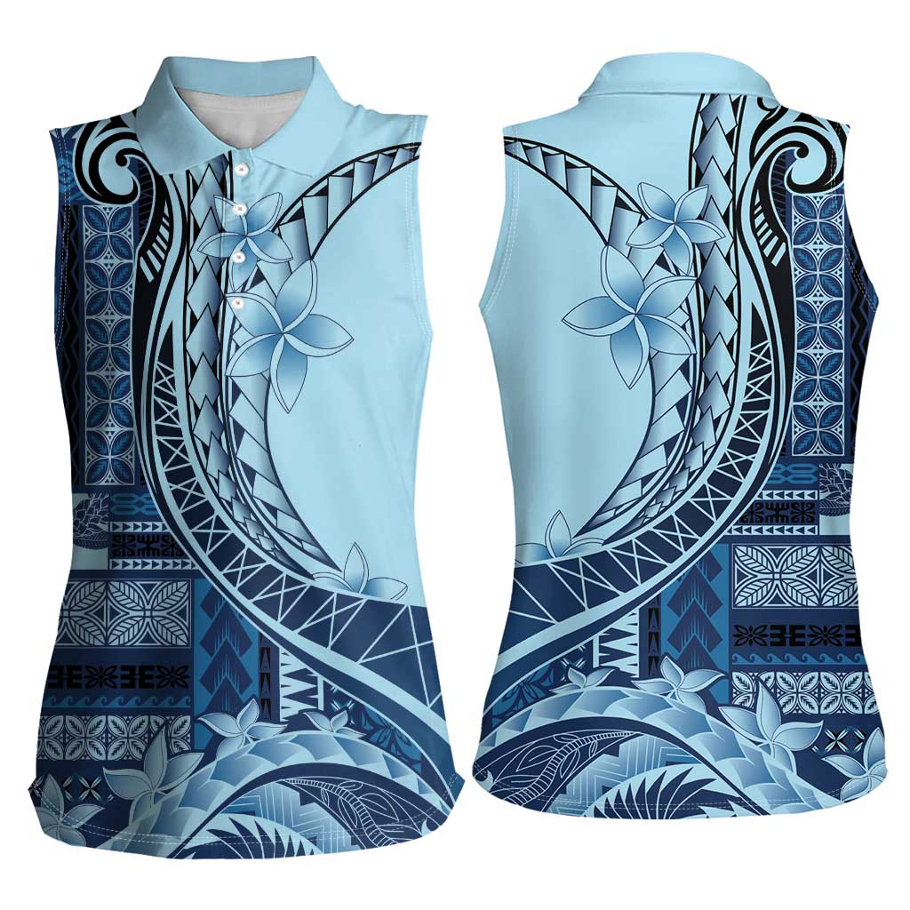 Samoa Siapo Mamanu Women Sleeveless Polo Shirt Plumeria Navy Blue Motifs LT7 - Polynesian Pride