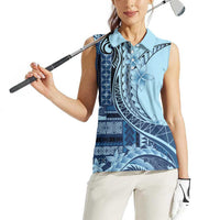 Samoa Siapo Mamanu Women Sleeveless Polo Shirt Plumeria Navy Blue Motifs LT7 - Polynesian Pride