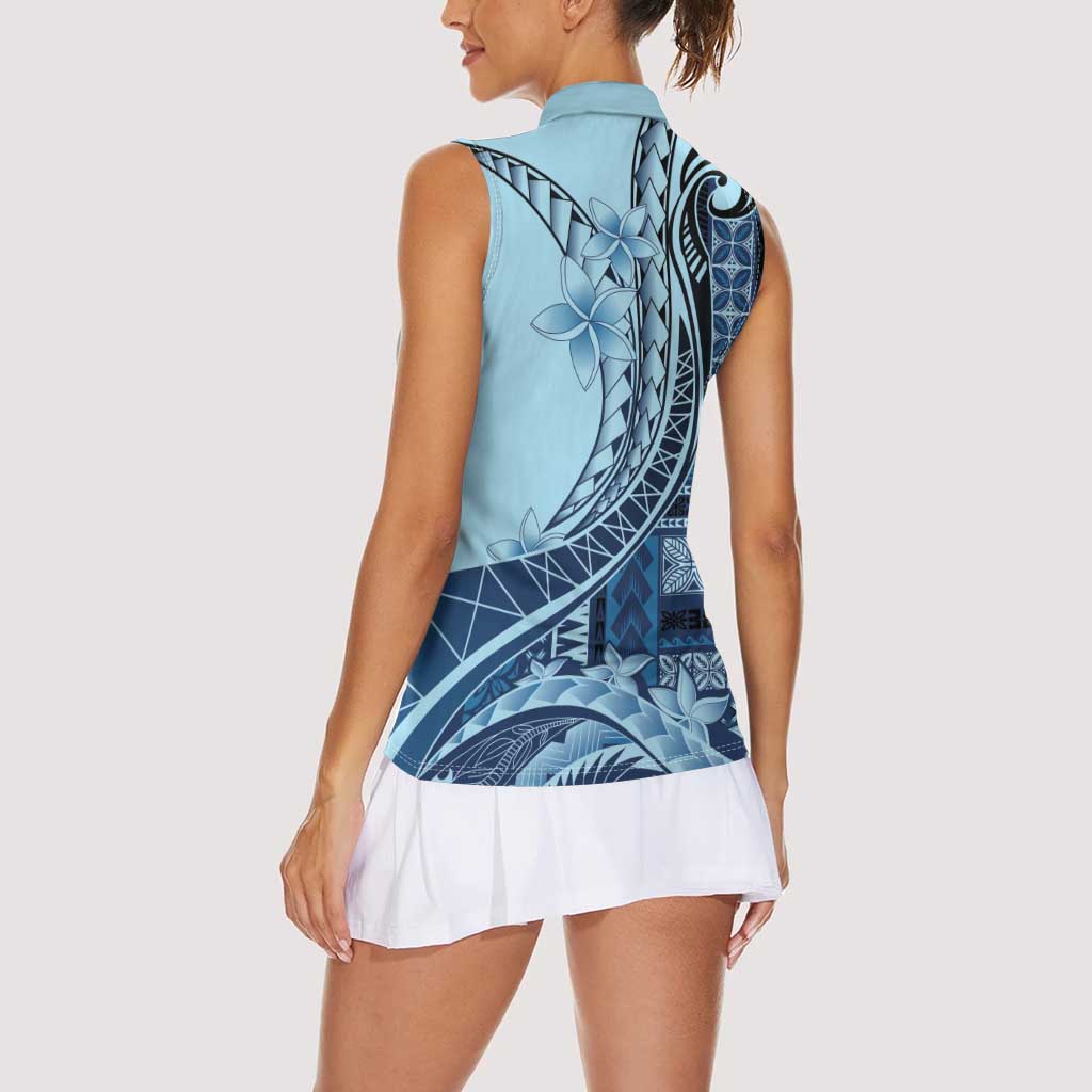 Samoa Siapo Mamanu Women Sleeveless Polo Shirt Plumeria Navy Blue Motifs LT7 - Polynesian Pride