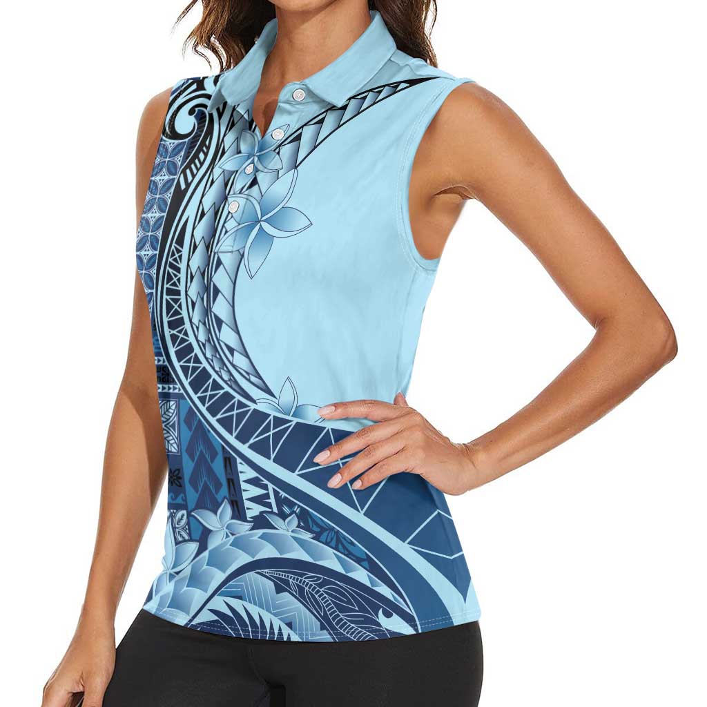Samoa Siapo Mamanu Women Sleeveless Polo Shirt Plumeria Navy Blue Motifs LT7 - Polynesian Pride