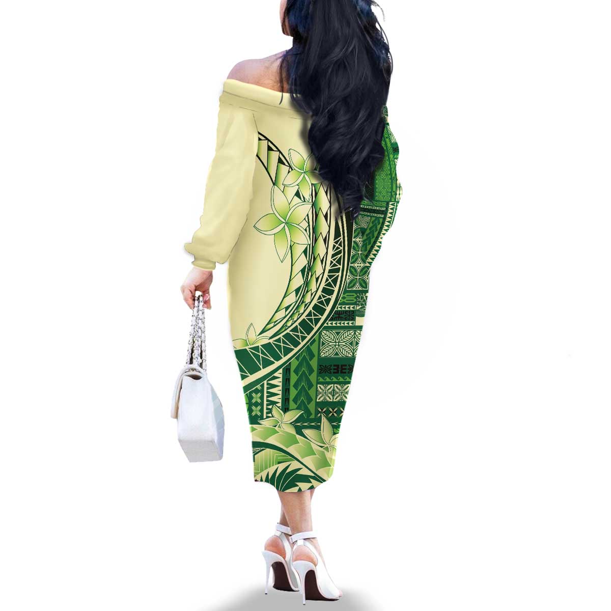 Samoa Siapo Mamanu Family Matching Off The Shoulder Long Sleeve Dress and Hawaiian Shirt Plumeria Emerald Motifs