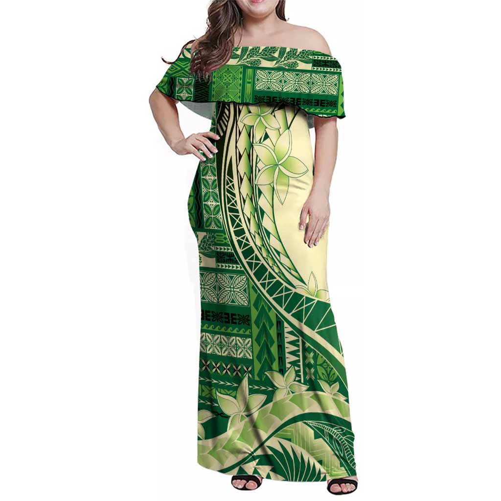 Samoa Siapo Mamanu Family Matching Off Shoulder Maxi Dress and Hawaiian Shirt Plumeria Emerald Motifs