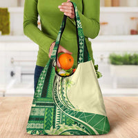 Samoa Siapo Mamanu Grocery Bag Plumeria Emerald Motifs