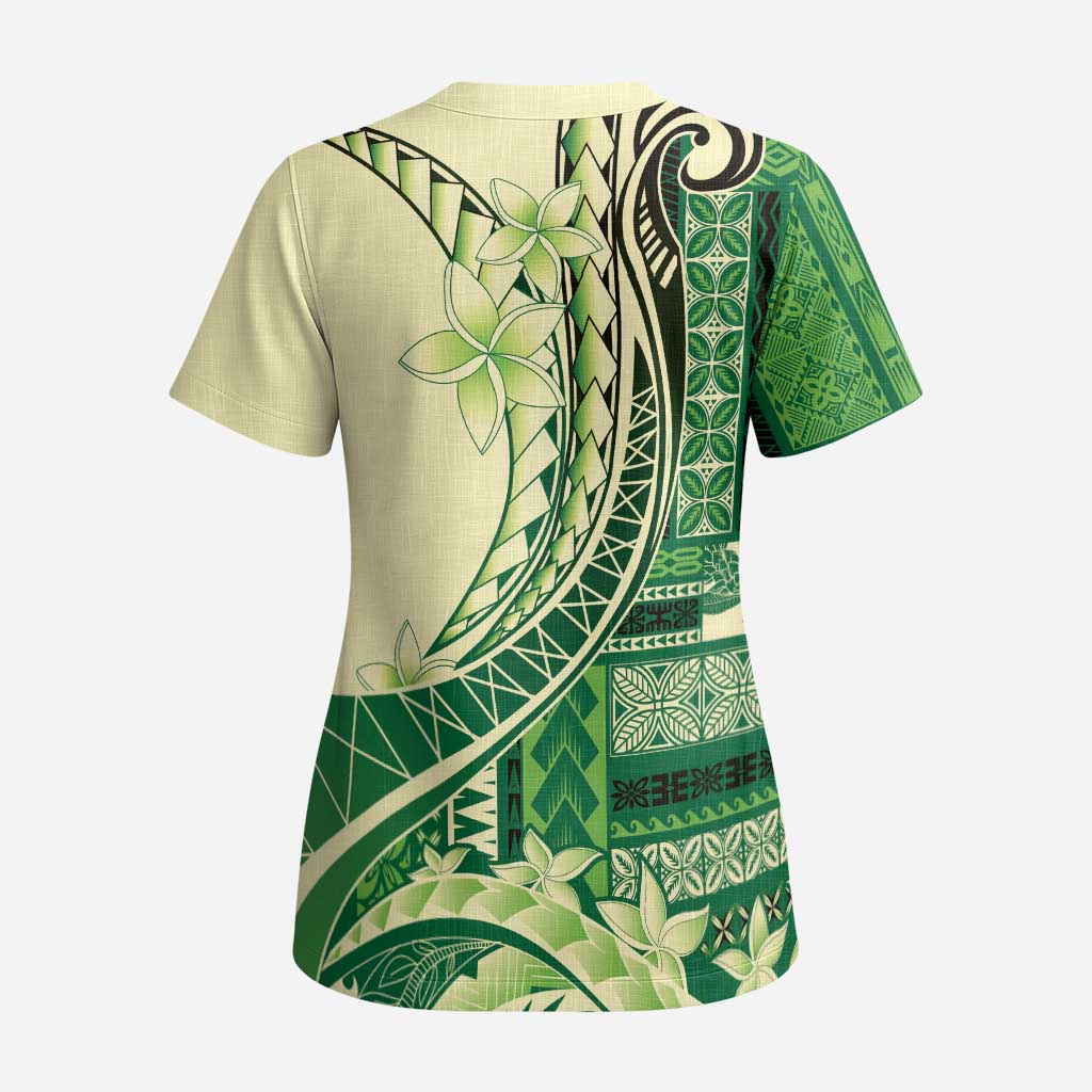 Samoa Siapo Mamanu Scrub Top Plumeria Emerald Motifs LT7 - Polynesian Pride