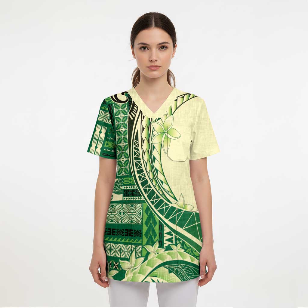 Samoa Siapo Mamanu Scrub Top Plumeria Emerald Motifs LT7 - Polynesian Pride