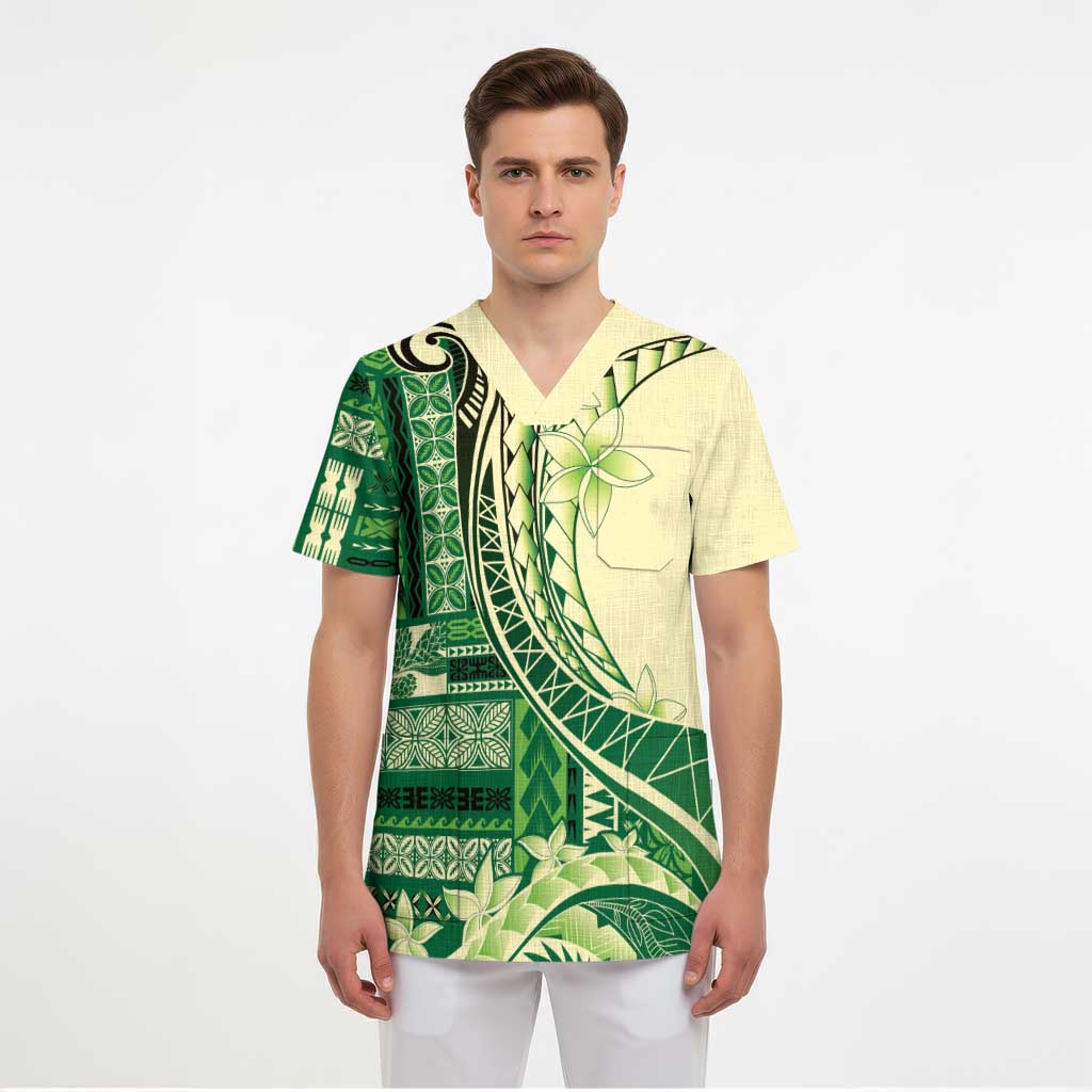 Samoa Siapo Mamanu Scrub Top Plumeria Emerald Motifs LT7 - Polynesian Pride