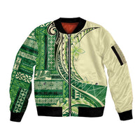 Samoa Siapo Mamanu Sleeve Zip Bomber Jacket Plumeria Emerald Motifs
