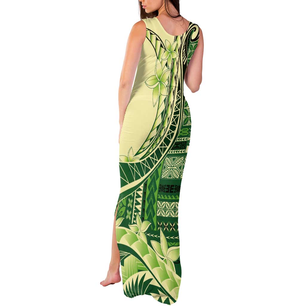 Samoa Siapo Mamanu Tank Maxi Dress Plumeria Emerald Motifs