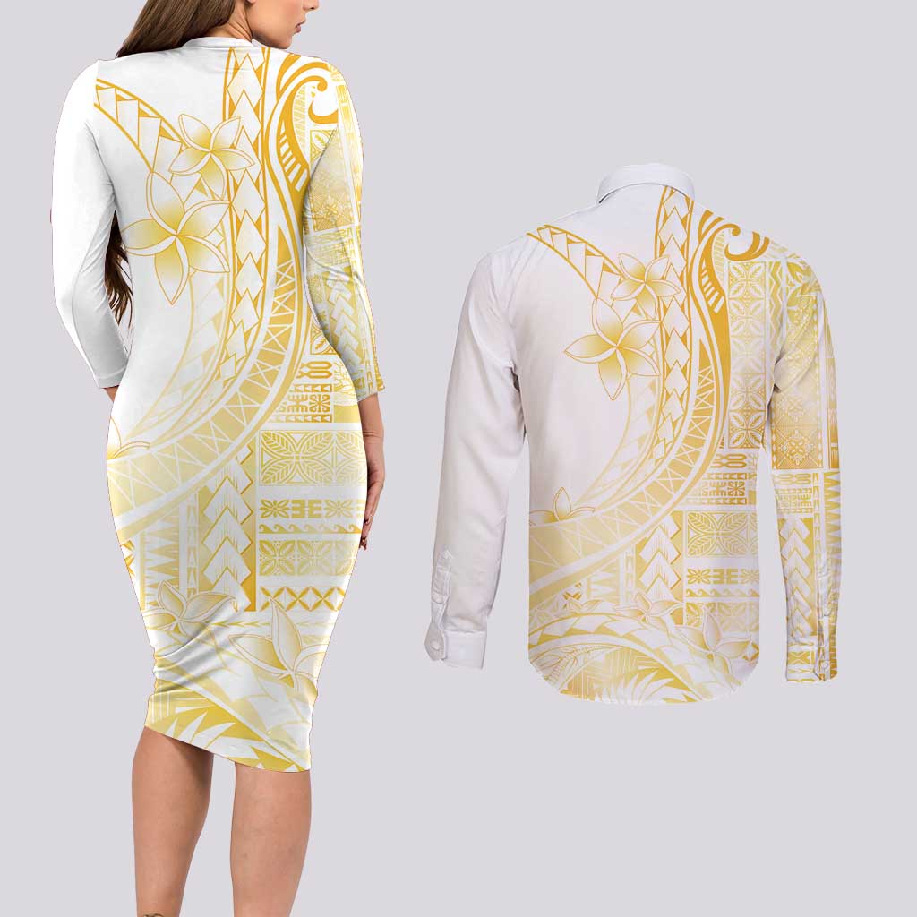 Samoa Siapo Mamanu Couples Matching Long Sleeve Bodycon Dress and Long Sleeve Button Shirt Plumeria Fancy Gold Motifs