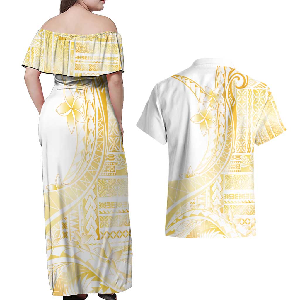 Samoa Siapo Mamanu Couples Matching Off Shoulder Maxi Dress and Hawaiian Shirt Plumeria Fancy Gold Motifs