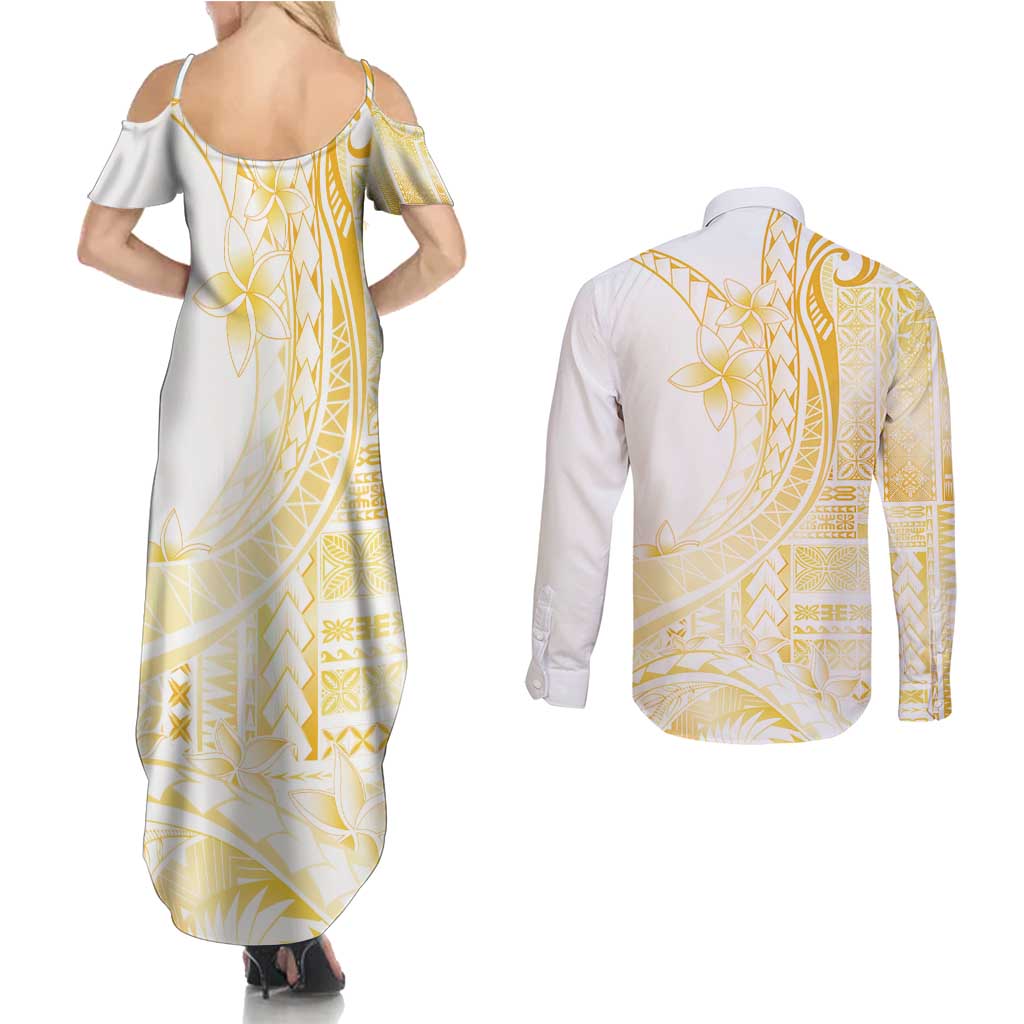 Samoa Siapo Mamanu Couples Matching Summer Maxi Dress and Long Sleeve Button Shirt Plumeria Fancy Gold Motifs
