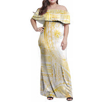 Samoa Siapo Mamanu Family Matching Off Shoulder Maxi Dress and Hawaiian Shirt Plumeria Fancy Gold Motifs