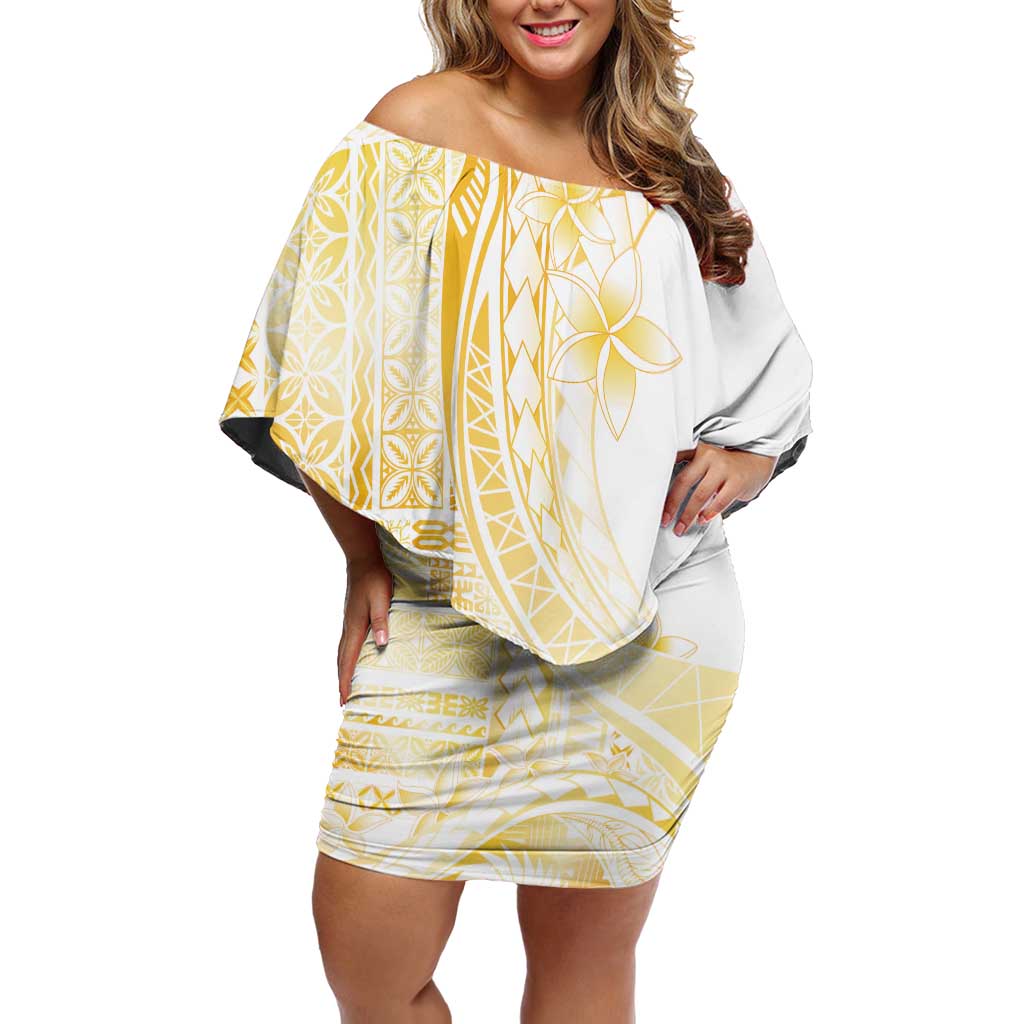 Samoa Siapo Mamanu Family Matching Off Shoulder Short Dress and Hawaiian Shirt Plumeria Fancy Gold Motifs