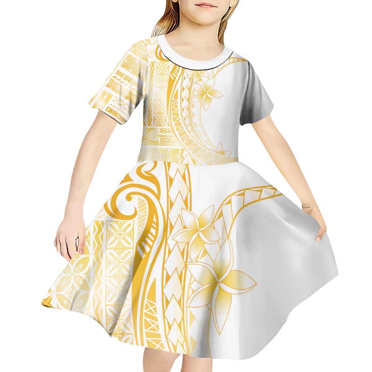 Samoa Siapo Mamanu Kid Short Sleeve Dress Plumeria Fancy Gold Motifs