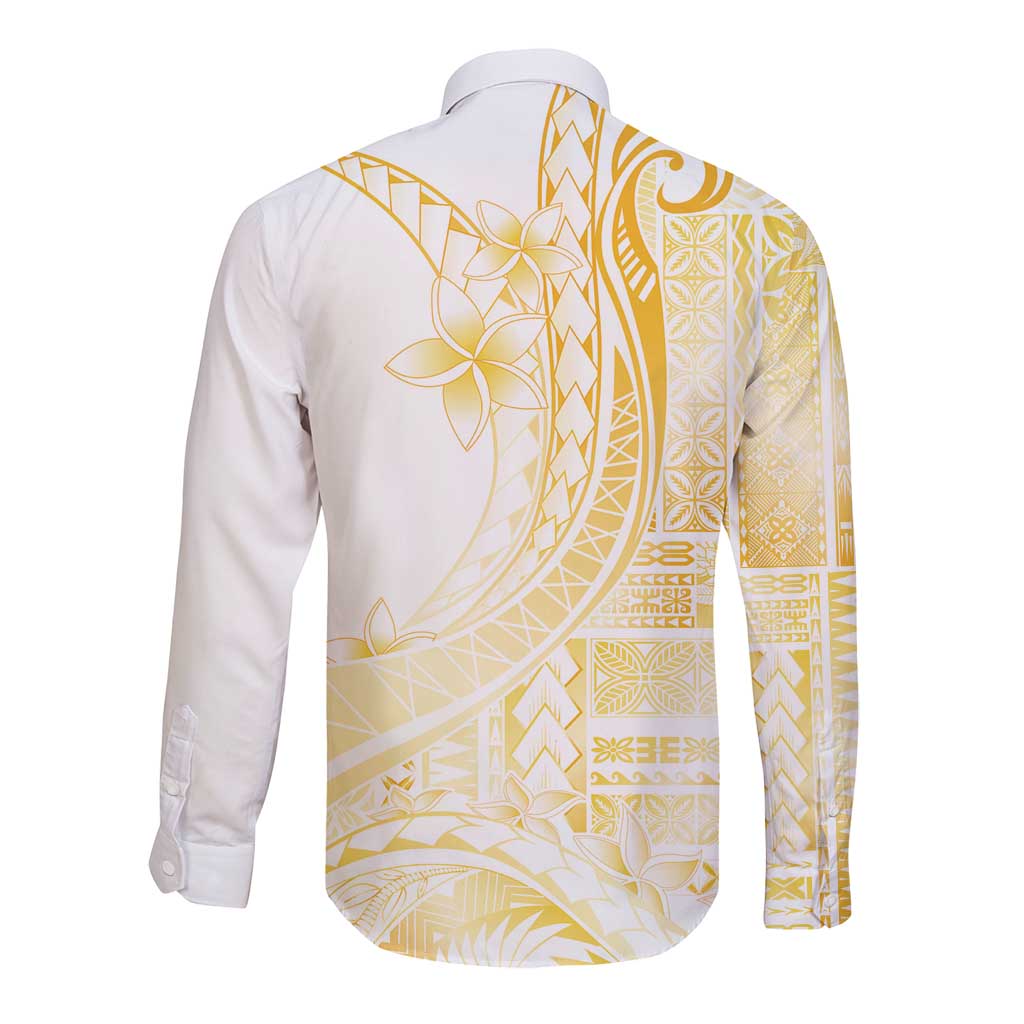 Samoa Siapo Mamanu Long Sleeve Button Shirt Plumeria Fancy Gold Motifs