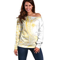 Samoa Siapo Mamanu Off Shoulder Sweater Plumeria Fancy Gold Motifs LT7 Women Gold - Polynesian Pride