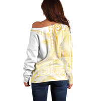 Samoa Siapo Mamanu Off Shoulder Sweater Plumeria Fancy Gold Motifs LT7 - Polynesian Pride