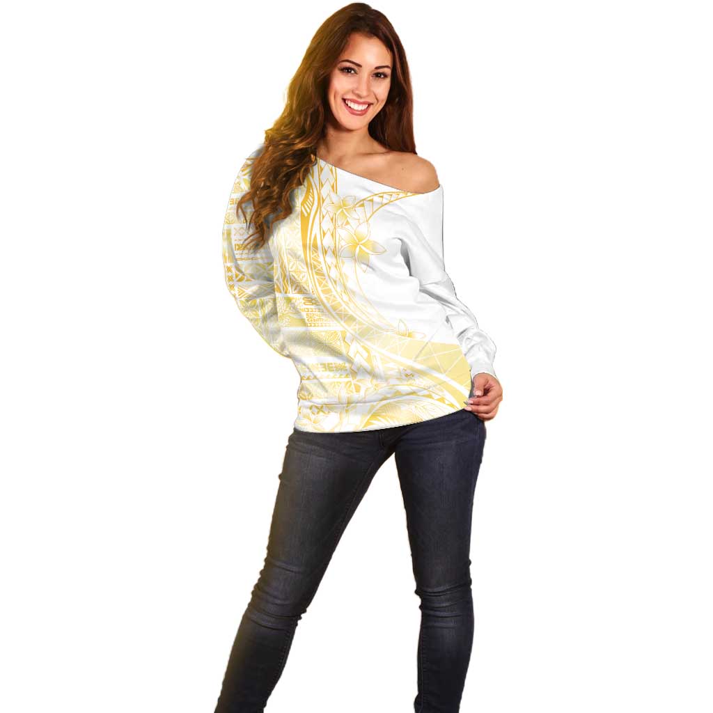 Samoa Siapo Mamanu Off Shoulder Sweater Plumeria Fancy Gold Motifs LT7 - Polynesian Pride