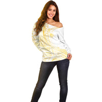 Samoa Siapo Mamanu Off Shoulder Sweater Plumeria Fancy Gold Motifs LT7 - Polynesian Pride