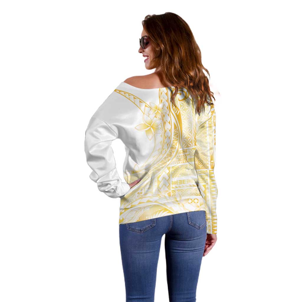 Samoa Siapo Mamanu Off Shoulder Sweater Plumeria Fancy Gold Motifs LT7 - Polynesian Pride