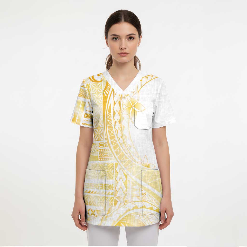 Samoa Siapo Mamanu Scrub Top Plumeria Fancy Gold Motifs - Polynesian Pride