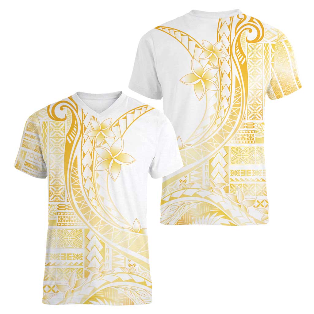 Samoa Siapo Mamanu Women V-Neck T-Shirt Plumeria Fancy Gold Motifs