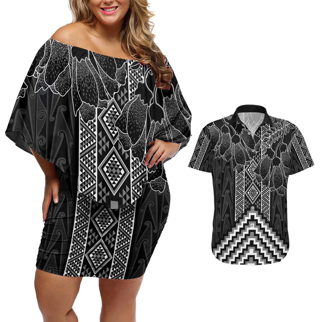Aotearoa Taniko Pattern Couples Matching Off Shoulder Short Dress and Hawaiian Shirt Poutama Mix Kowhai Flowers