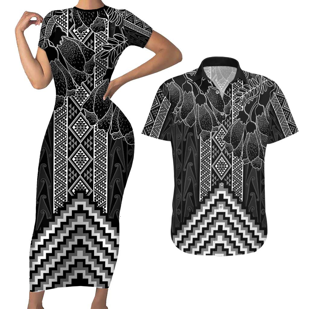 Aotearoa Taniko Pattern Couples Matching Short Sleeve Bodycon Dress and Hawaiian Shirt Poutama Mix Kowhai Flowers