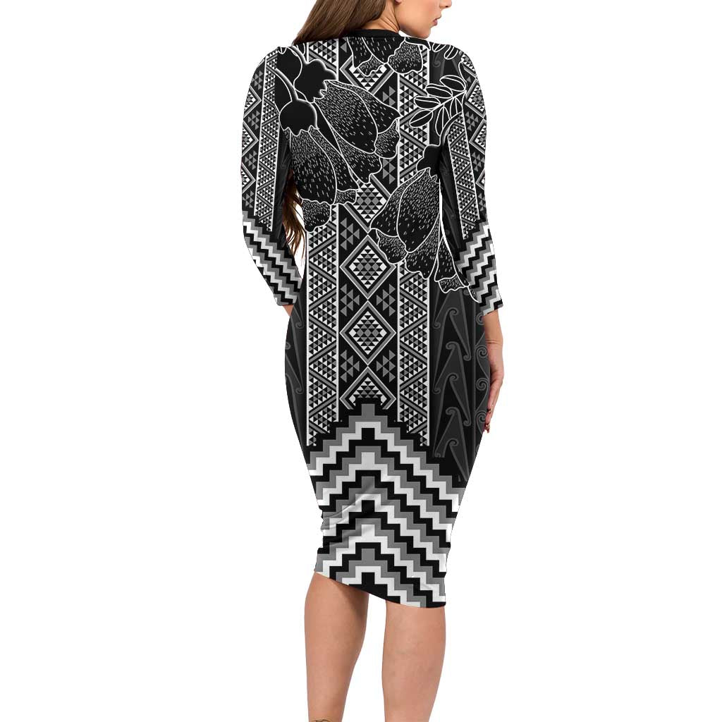 Aotearoa Taniko Pattern Family Matching Long Sleeve Bodycon Dress and Hawaiian Shirt Poutama Mix Kowhai Flowers