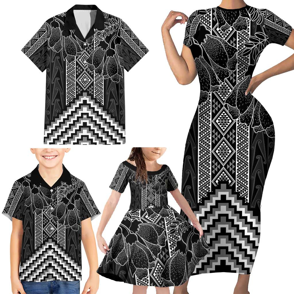 Aotearoa Taniko Pattern Family Matching Short Sleeve Bodycon Dress and Hawaiian Shirt Poutama Mix Kowhai Flowers