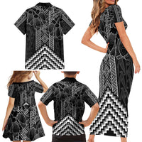 Aotearoa Taniko Pattern Family Matching Short Sleeve Bodycon Dress and Hawaiian Shirt Poutama Mix Kowhai Flowers