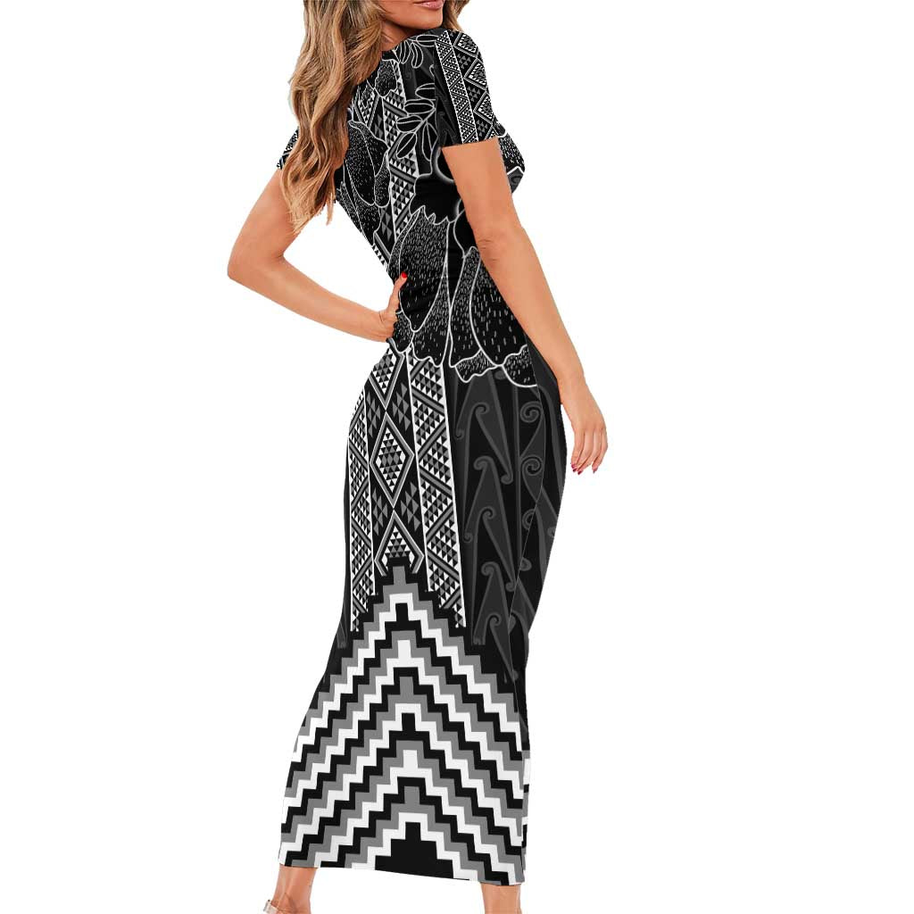 Aotearoa Taniko Pattern Family Matching Short Sleeve Bodycon Dress and Hawaiian Shirt Poutama Mix Kowhai Flowers