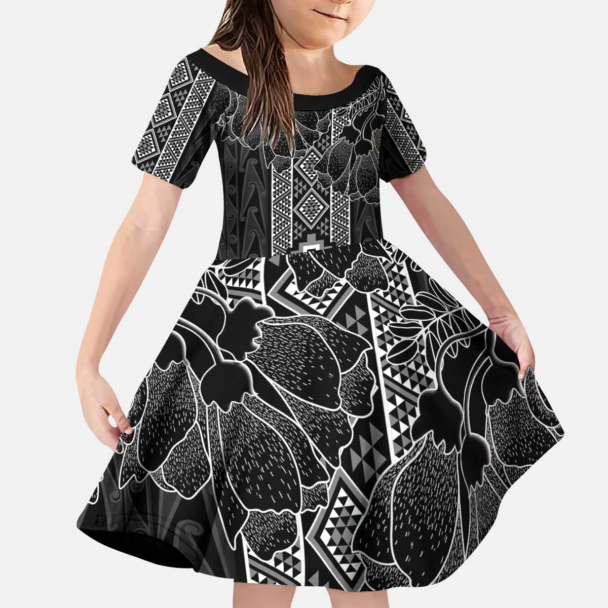 Aotearoa Taniko Pattern Kid Short Sleeve Dress Poutama Mix Kowhai Flowers LT7 KID Grey - Polynesian Pride