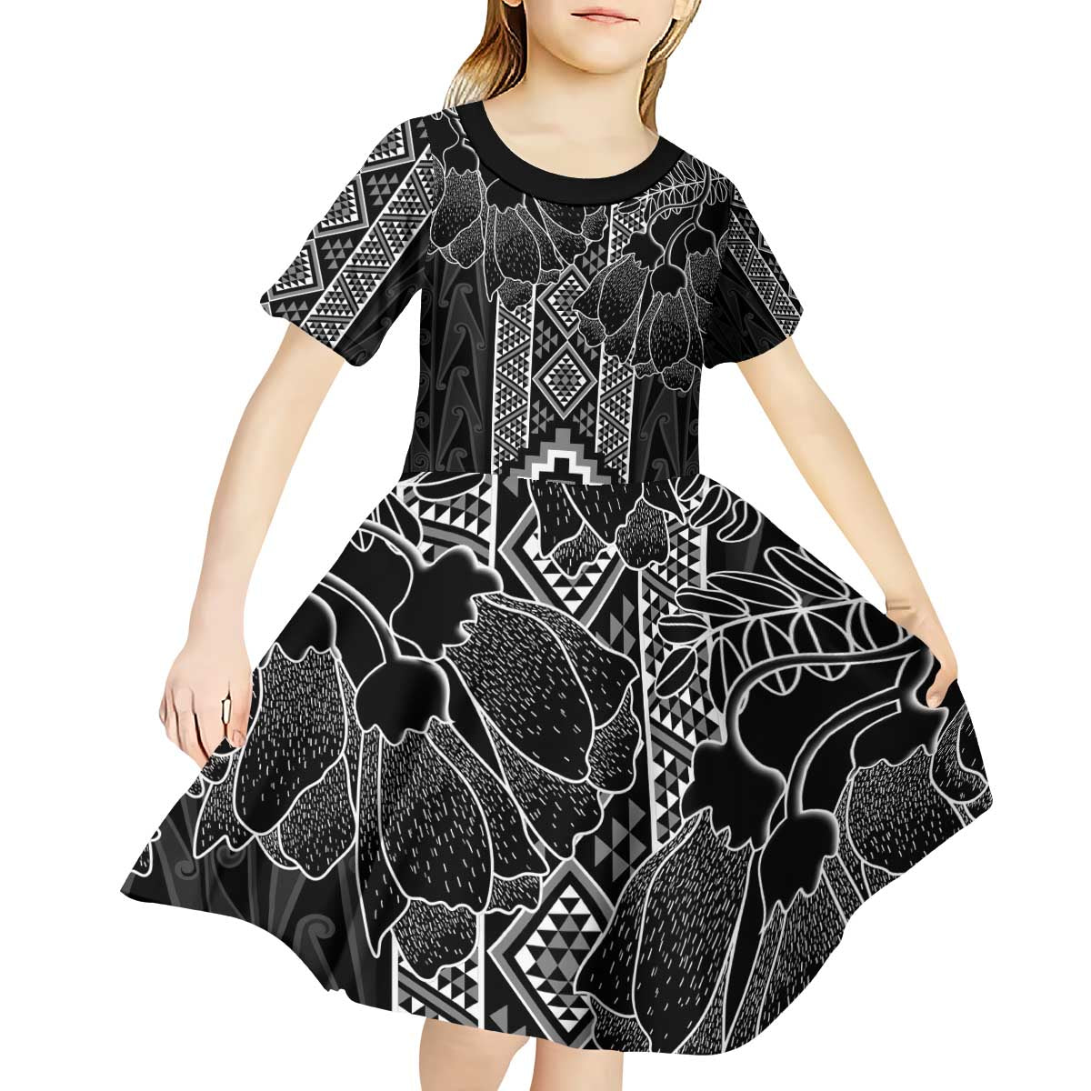 Aotearoa Taniko Pattern Kid Short Sleeve Dress Poutama Mix Kowhai Flowers LT7 - Polynesian Pride