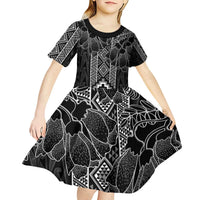 Aotearoa Taniko Pattern Kid Short Sleeve Dress Poutama Mix Kowhai Flowers LT7 - Polynesian Pride