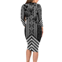 Aotearoa Taniko Pattern Long Sleeve Bodycon Dress Poutama Mix Kowhai Flowers